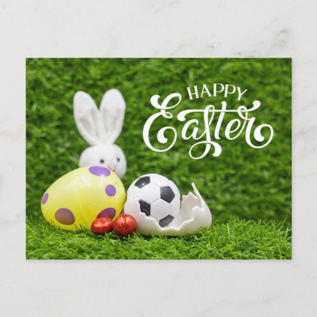 Postal Festividad de Pascua con balón de fútbol, conejo d (Anverso)