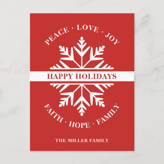 Postal Festividad de Snowflake Paz Amor Alegría Fe Espera (Anverso)
