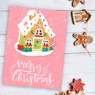 Postal Festividad Feliz Navidad Gingerbread House Pink