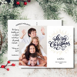 Postal Festividad Feliz Navidad Oro Starburst One Photo<br><div class="desc">Se propaga la alegría de las vacaciones con esta postal que incluye un estallido festivo de oro falso y arte de tipografía con letras a mano que dice "Feliz Navidad". Personalizar subiendo tu foto vertical. El reverso muestra los saludos, nombres y notas de su personalizado (o borrar para dejar espacio...</div>