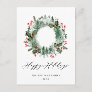 Postal Festividad Holly Berry Pine Forest Wreath Navidade