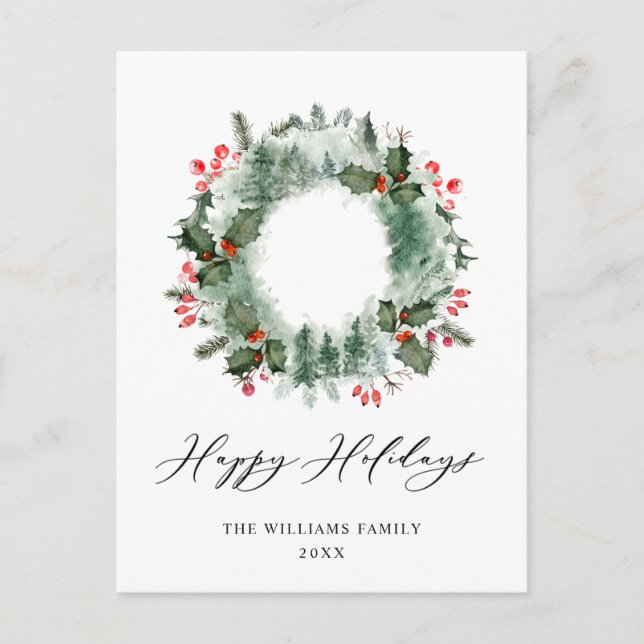 Postal Festividad Holly Berry Pine Forest Wreath Navidade (Anverso)