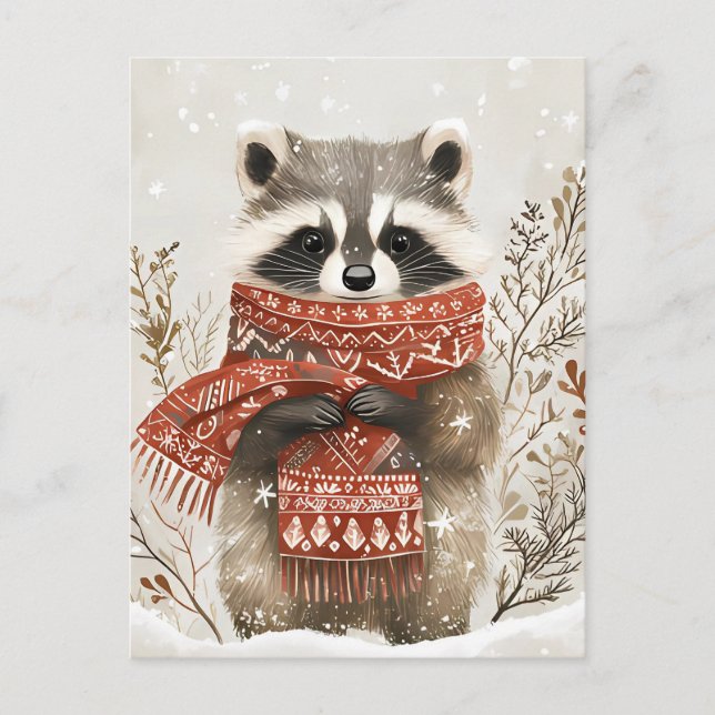 Postal Festividad lindo Navidades de Racoon saludando (Anverso)