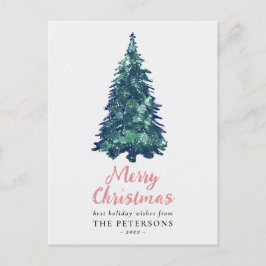 Postal Festividad moderna y verde árbol de Navidad nevado