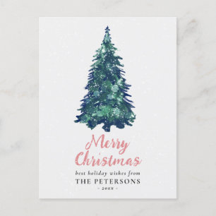 Postal Festividad moderna y verde árbol de Navidad nevado