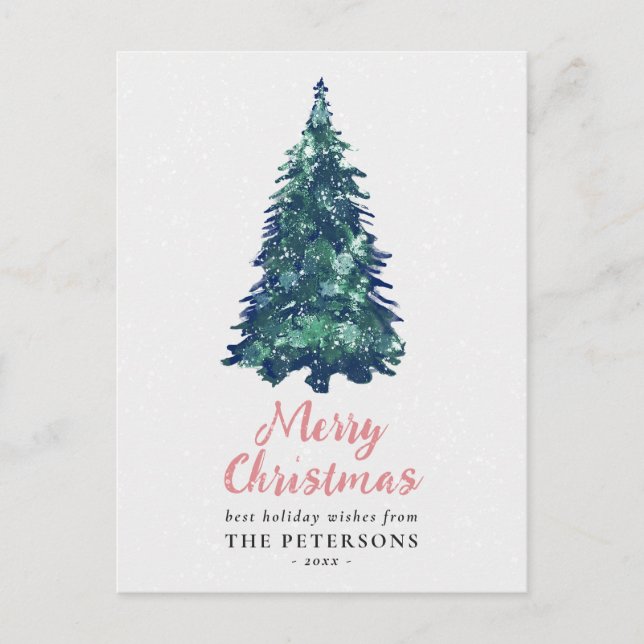 Postal Festividad moderna y verde árbol de Navidad nevado (Anverso)