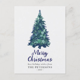 Postal Festividad moderna y verde árbol de Navidad nevado