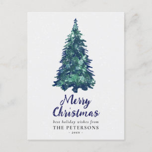 Postal Festividad moderna y verde árbol de Navidad nevado
