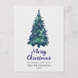 Postal Festividad moderna y verde árbol de Navidad nevado
