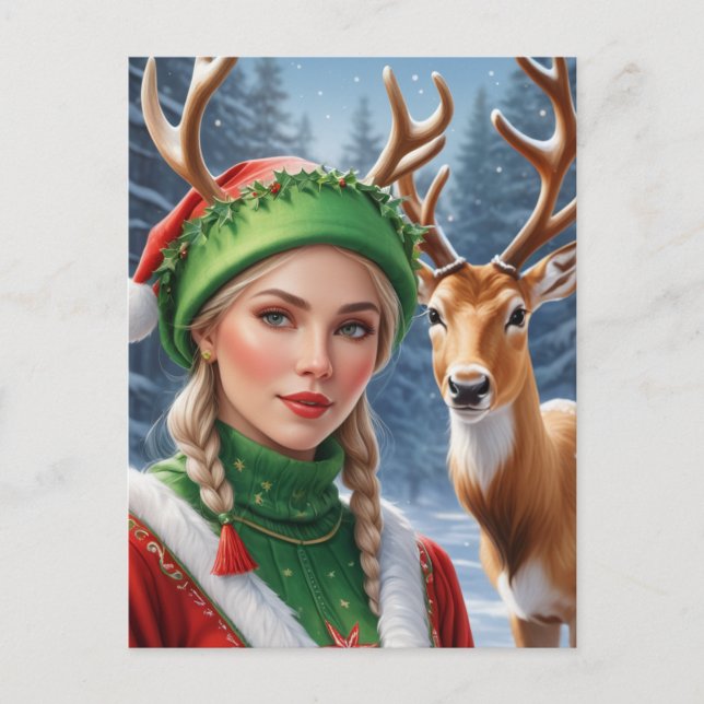 Postal Festividad mujer rubia y Navidades de venado (Anverso)