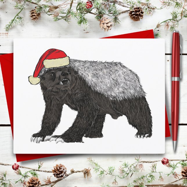 Postal Festividad Navidades de la Badger Badass Santa Fun (Christmas honey badger wearing a santa hat funny wild animal art holiday greetings postcard)