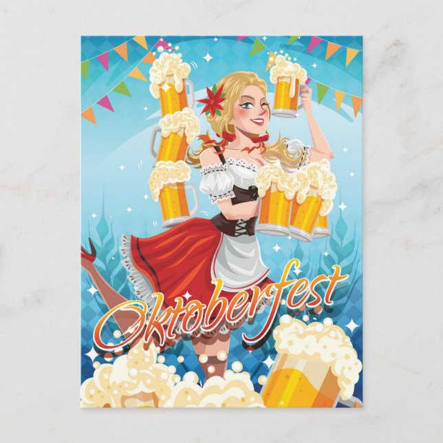 Postal Festividad Oktoberfest donada en rojo con cerveza (Anverso)