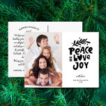 Postal Festividad Paz Amor Alegría, Navidades de fotos fa<br><div class="desc">Se propaga la alegría de las vacaciones con esta postal que incluye arte festivo de tipografía con letras a mano que dice "Alegría de amor por la paz". Personalizar subiendo tu foto vertical. El reverso muestra los saludos, nombres y notas de su personalizado (o borrar para dejar espacio para una...</div>