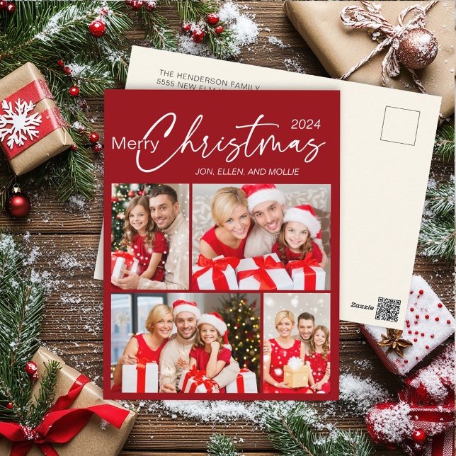 Postal Festividad por la navidad roja (Elegant red 4-photo Christmas greeting postcard.)