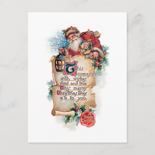 Postal Festividad Santa w/Lantern y Scroll and Greetings (Anverso)