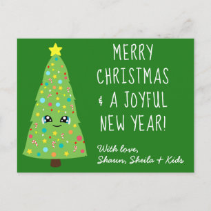 Postal Festividad Verde Kawaii Árbol de Navidad Feliz Nav