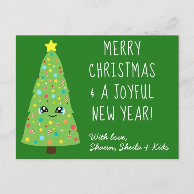 Postal Festividad Verde Kawaii Árbol de Navidad Feliz Nav (Anverso)