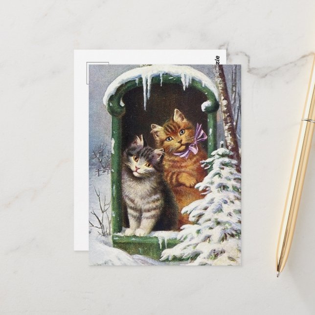 Postal festividad vintage gatos navideños (Anverso/Reverso In Situ)
