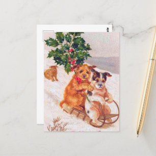 Postal festividad vintage perros navideños festividad