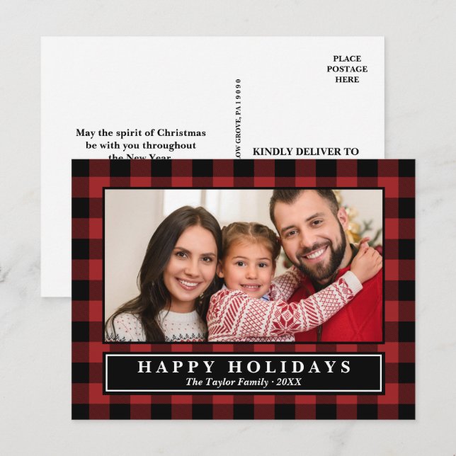 Postal Festividades de Navidades Red Buffalo Plaid (Anverso / Reverso)