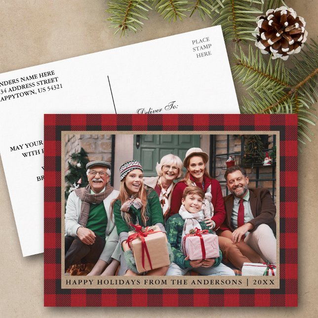 Postal Festividades felices de la familia Red Plaid Kraft (Customize to change text size or text style.)