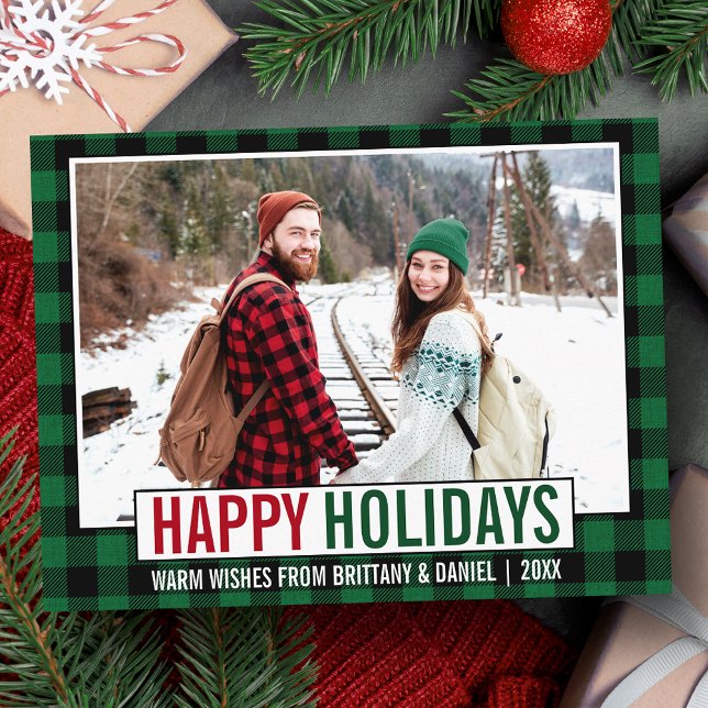 Postal Festividades Felices Modernas Foto Green Plaid (Customize to change your personalized text size or text style.)
