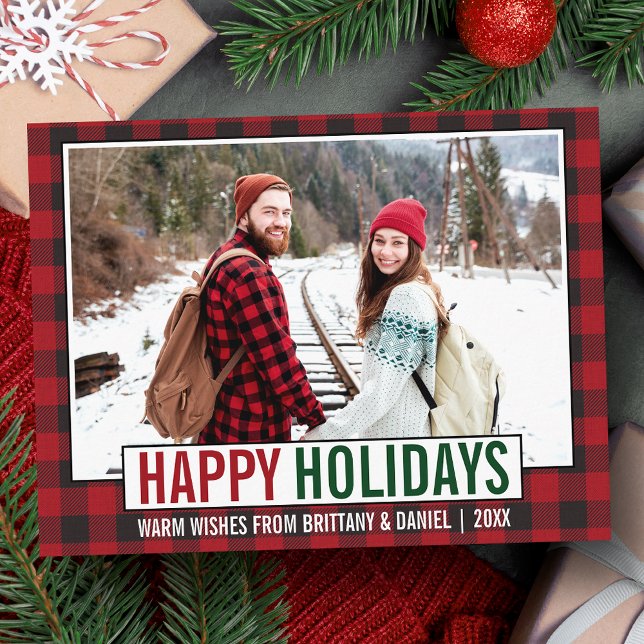 Postal Festividades Felices Modernas Foto Red Plaid (Customize to change your personalized text size or text style.)
