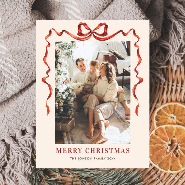 Postal Festividades Navidades Boho Red Bow Ribbon Foto (Subido por el creador)