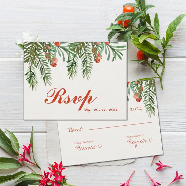 Postal Festividades Navidades de las Berries Rojas se cas (Festive Red Berries Christmas Wedding RSVP Postcard)