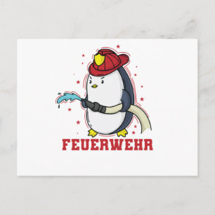 Postal Feuerwehr Pinguin mit Feuerwehrhelm und Schlauch