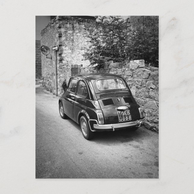 Postal FIAT 500 coche en blanco y negro (Anverso)