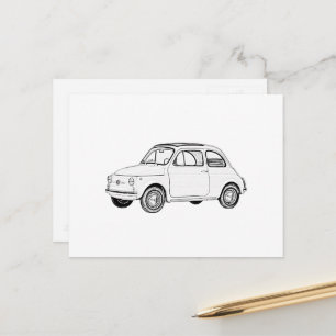 Postal Fiat 500 Topolino Dibujo de lápiz blanco y negro