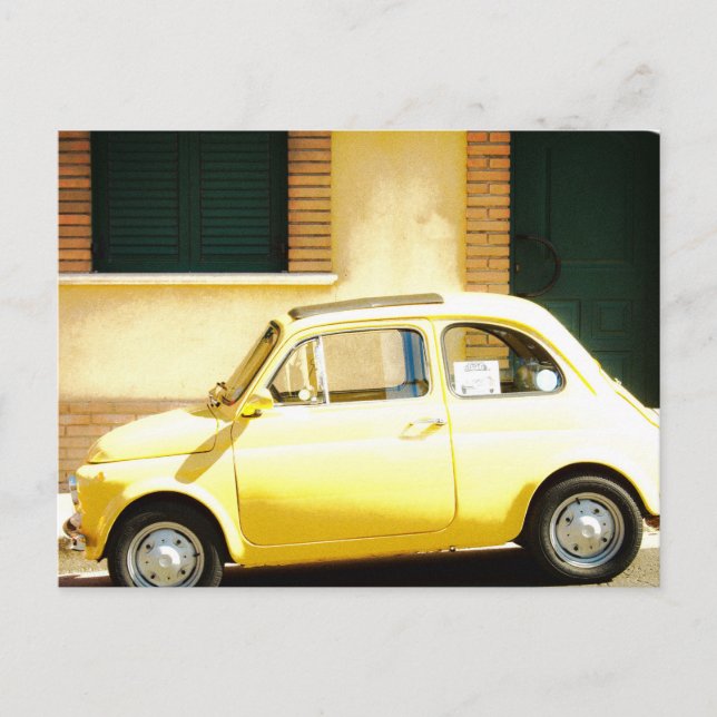 Postal Fiat amarillo 500 en Italia (Anverso)