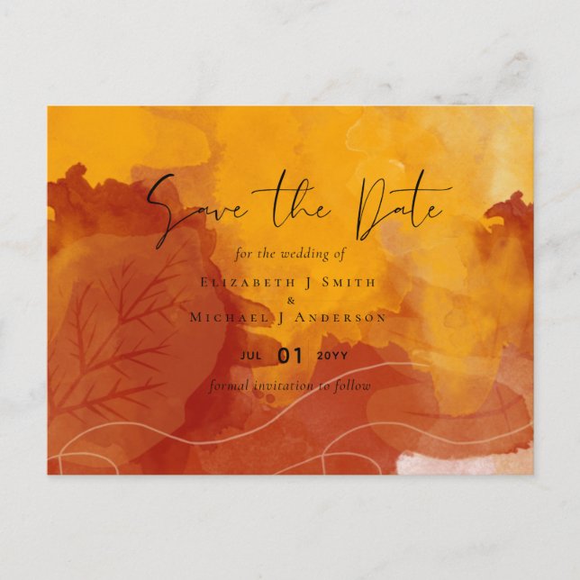 Postal Fiery Naranja Watercolor Abstract Sunset Boda (Anverso)