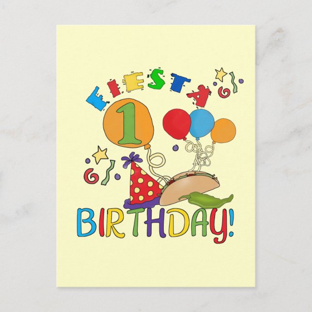Postal Fiesta 1er cumpleaños camisetas y regalos (Anverso)