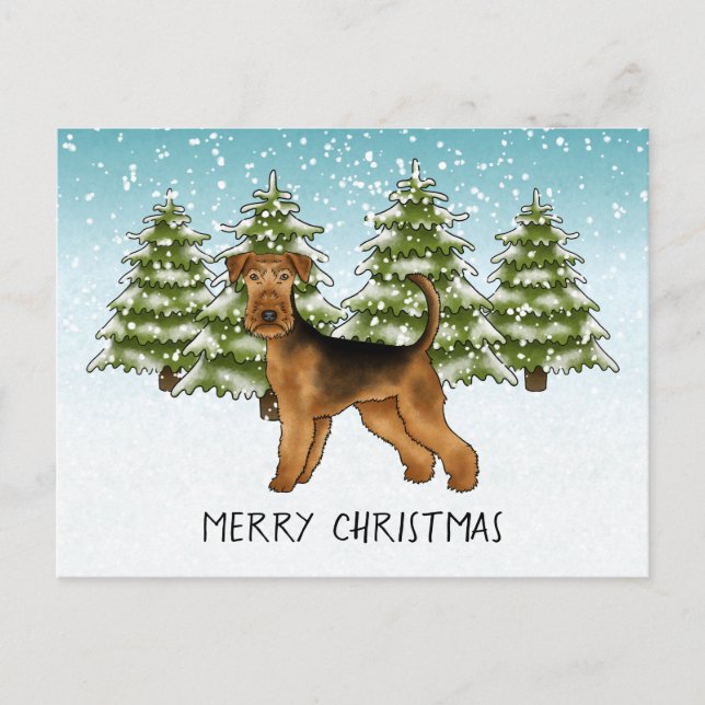 Postal Fiesta de Airedale Terrier Dog Snowy Winter Forest (Anverso)