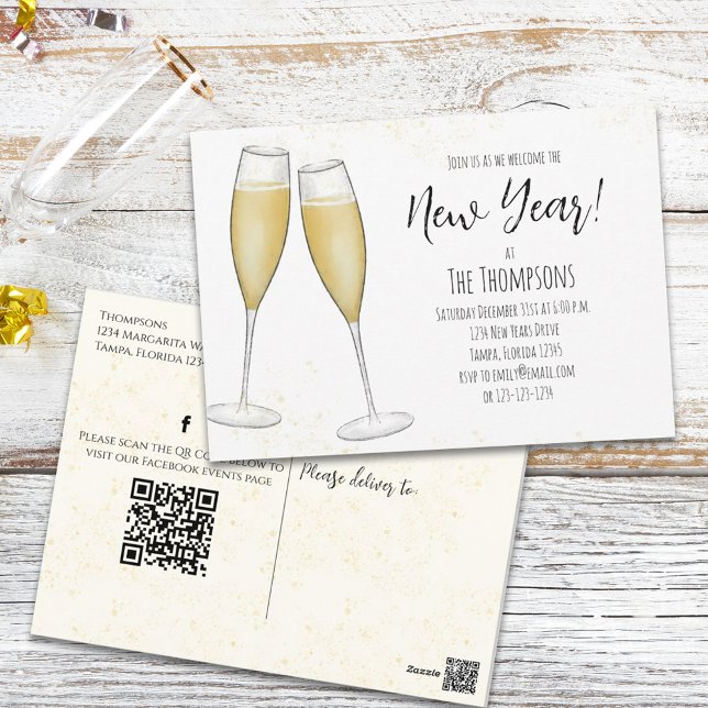 Postal Fiesta de Año Nuevo Champagne Código QR Medios soc (Subido por el creador)