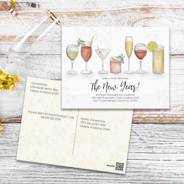 Postal Fiesta de año nuevo Cocktails acuarela preabordada (Subido por el creador)