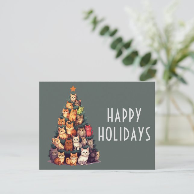 Postal Fiesta de árbol de navidad para gato lindo (Anverso de pie)