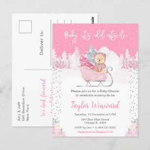 Postal Fiesta de Baby Shower Oso Invernal Rosa Trineo