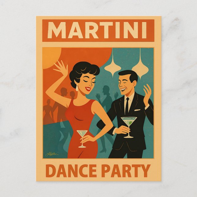 Postal Fiesta de Baile Martini de Mitad de Siglo (Anverso)