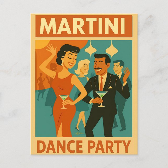 Postal Fiesta de Baile Martini de Mitad de Siglo (Anverso)