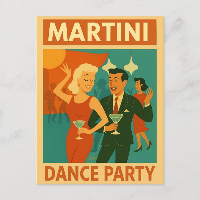 Postal Fiesta de Baile Martini de Mitad de Siglo (Anverso)