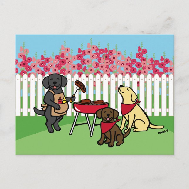 Postal Fiesta de barbacoa Labradors Hollyhock Fllowers (Anverso)