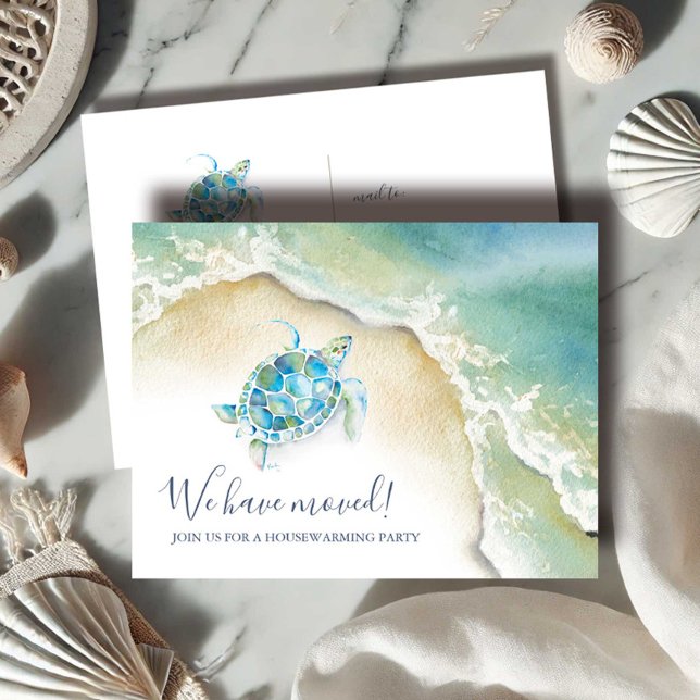 Postal Fiesta de calentamiento de la casa de playa Invita (housewarming invitations beach watercolor sea turtle art by Victoria Grigaliunas of Do Tell A Belle)