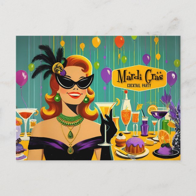 Postal Fiesta de Cóctel de Martini de Mardi Gras Retro 50 (Anverso)