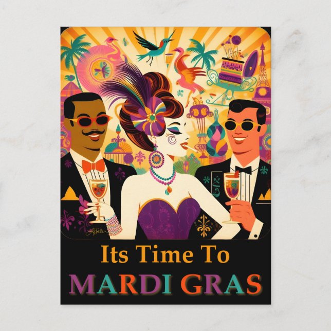 Postal Fiesta de Cóctel Mardi Gras de Mitad de Siglo (Anverso)