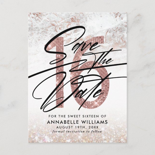 Postal Fiesta de cumpleaños 16 de Rose Gold Marble Guarda (Anverso)