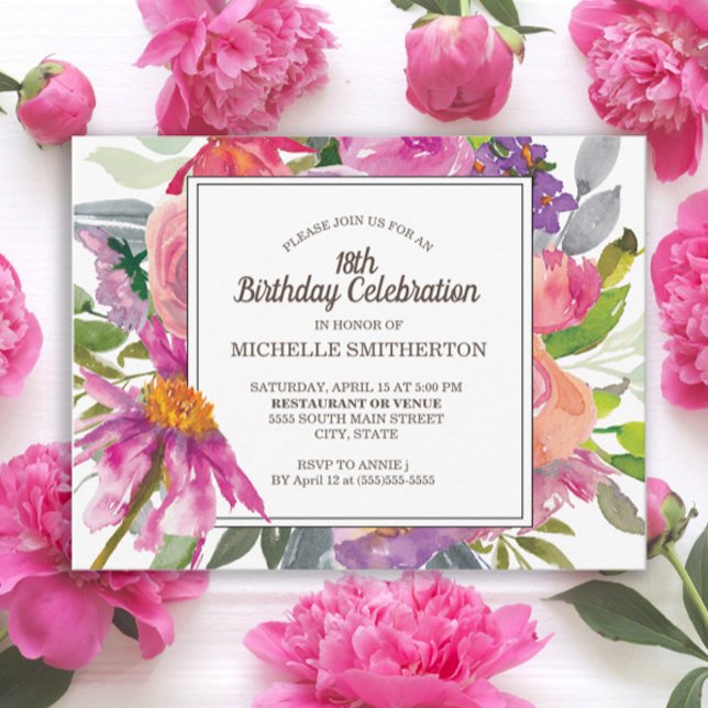 Postal Fiesta de cumpleaños 18 años con flores de acuarel (Pink and purple watercolor wildflowers 18th birthday postcard)