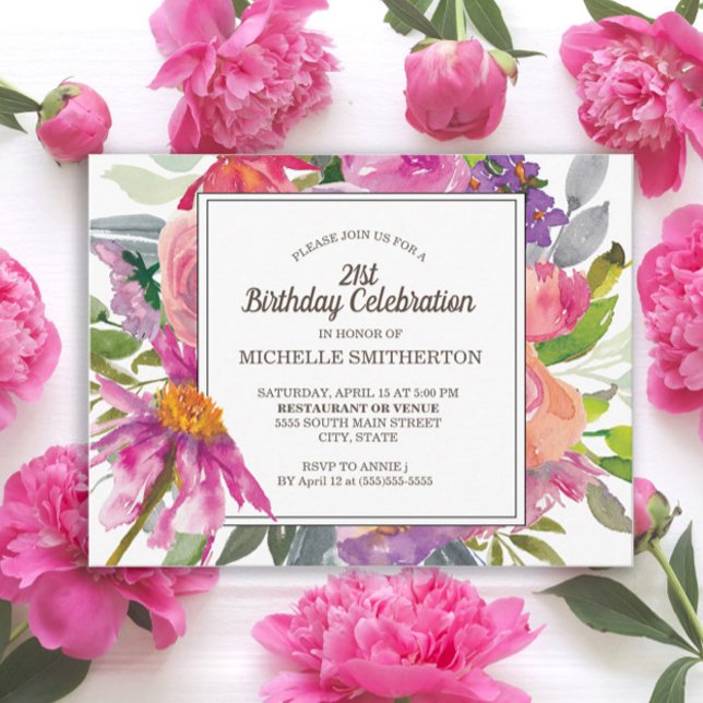 Postal Fiesta de cumpleaños 21 con flores acuarela rosa p (Purple and pink watercolor wildflowers 21st birthday party postcard invitation)